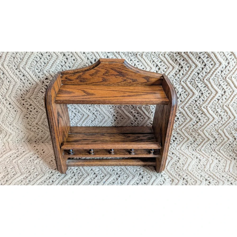 Vintage Oak Wood Wall Shelf with Spindle Rail and Towel Bar Farmhouse 13x12x6.5